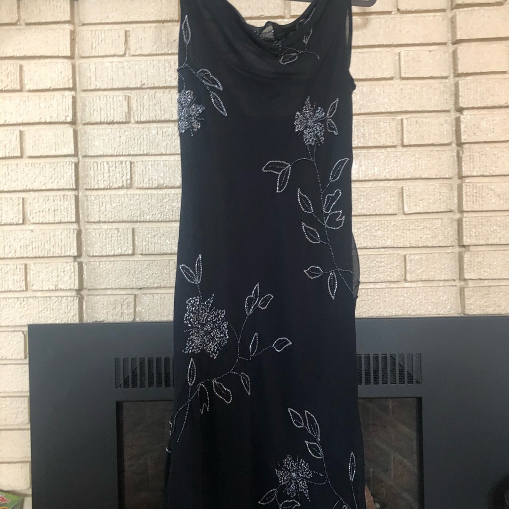 Jkara Dark navy blue/ black flower beaded dress -floor length